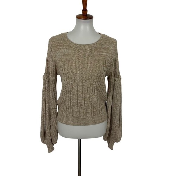 Devlin Tan Knit Balloon Sleeve Sweater Cotton Small Cozy Fall Pullover - Picture 1 of 5